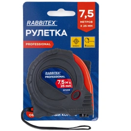 АКЦИЯ! Рулетка измерительная 7,5 м х 25 мм, обрезиненный корпус, 3 фикс, RABBITEX Prof, 671358