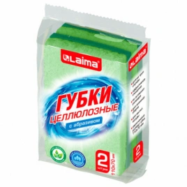 Губки для посуды 110х70х20 мм, ЦЕЛЛЮЛОЗНЫЕ + АБРАЗИВ, КОМПЛЕКТ 2 штуки, зеленые/зеленый абразив, LAI