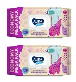 Салфетки влажные КОМПЛЕКТ 100 шт., для детей AURA "Ultra comfort", гипоаллергенные, без спирта