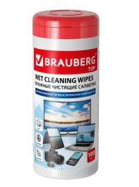 Салфетки для экранов всех типов и оптики BRAUBERG ТОП, туба 100 шт., влажные, 513812