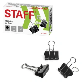 Зажимы для бумаг STAFF "EVERYDAY", КОМПЛ 12 шт., 25 мм, на 100 л, черные, 224607