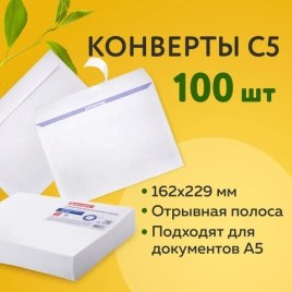 Конверты С5 (162х229 мм), отрывная лента, внутренняя запечатка, 80 г/м2, КОМПЛЕКТ 100 шт., BRAUBERG