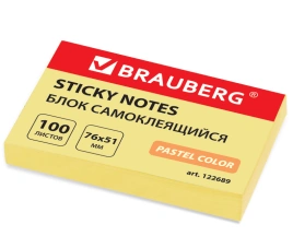 Блок самоклеящийся (стикеры) BRAUBERG, ПАСТЕЛЬНЫЙ, 76х51 мм, 100 листов, желтый, 122689