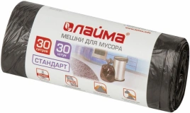 Мешки для мусора 30 л черные в рулоне 30 шт, ПНД 8 мкм, 50×60 см, LAIMA стандарт, 601337