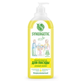 Гель для мытья посуды биоразлагаемый 1 л, SYNERGETIC "Лимон", дозатор,(605557)