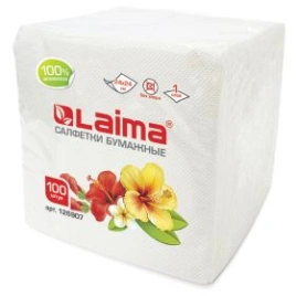 Салфетки бумажные 100 шт., 24×24 см, LAIMA/ЛАЙМА, белые, 100% целлюлоза, 126907