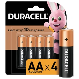 Батарейки КОМПЛЕКТ 4 шт., DURACELL Basic, AA (LR06, 15А), алкалиновые, пальчиковые, блистер, 450402