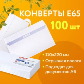 Конверты Е65 (110х220 мм), отрывная лента, внутренняя запечатка, КОМПЛЕКТ 100 шт., BRAUBERG, 112193,