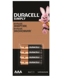 Батарейки КОМПЛЕКТ 4 шт. (отрывной блок), DURACELL Simply ОРИГИНАЛ, AAA (LR03,24А), алкалиновые, миз