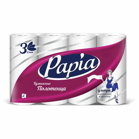Полотенца бумажные бытовые, спайка 4 шт., 3-слойные (4х11,2 м), PAPIA, 23x13 см, белые, 112049 фото 1