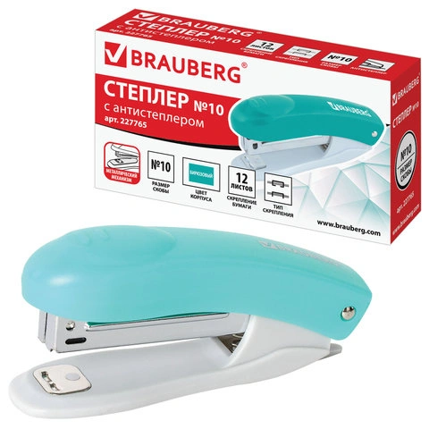 Степлер №10 BRAUBERG "Original", до 12 листов, с антистеплером, бирюзовый, 227765 фото 1