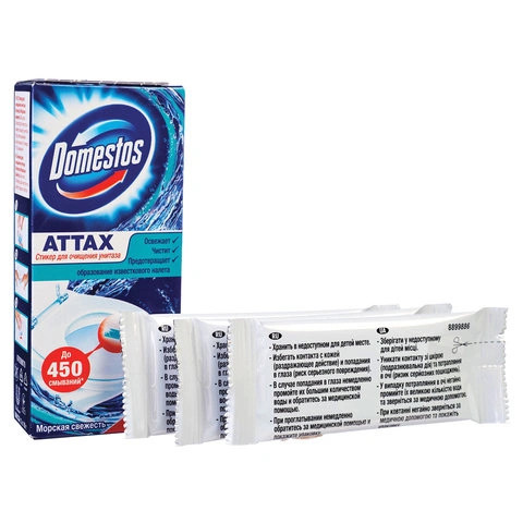 Освежитель/очиститель для унитаза/писсуара КОМПЛЕКТ 3 шт. х 10 г DOMESTOS Attax, "Морская Свежесть", фото 1