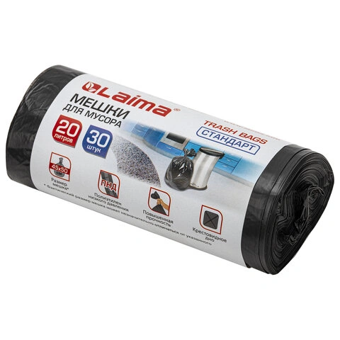 Мешки для мусора 20 л, черные, в рулоне 30 шт., ПНД 8 мкм, 45×50 см, LAIMA стандарт, 601376 фото 1