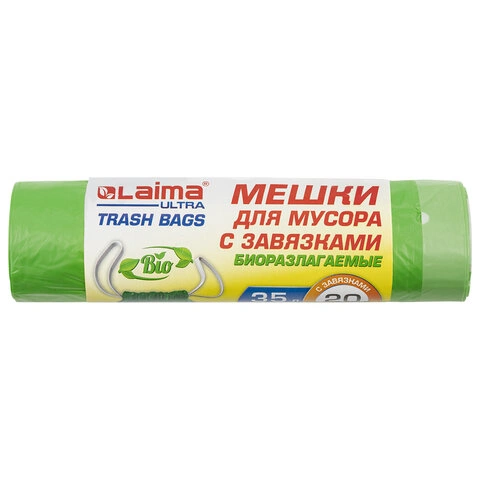 Мешки для мусора биоразлагаемые с завязками LAIMA "ULTRA" 35 л, рулон 20 шт., прочные, ПНД 14 мкм, 5 фото 1