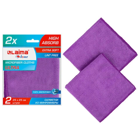 Салфетка из МИКРОФИБРЫ универсальная 25х25 см, КОМПЛЕКТ2 шт.,MULTI FIBER ULTRA,280 г/м2,LAIMA607789 фото 1