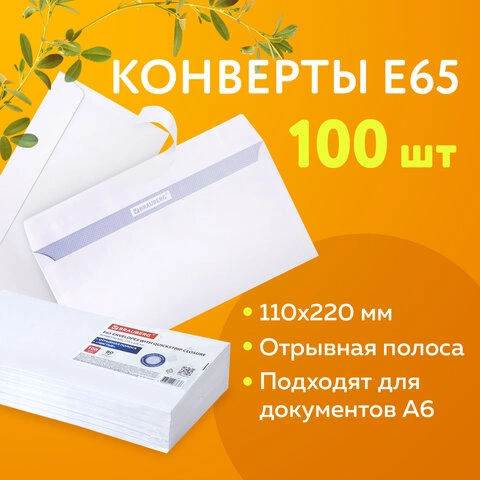 Конверты Е65 (110х220 мм), отрывная лента, внутренняя запечатка, КОМПЛЕКТ 100 шт., BRAUBERG, 112193, фото 1