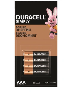 Батарейки КОМПЛЕКТ 4 шт. (отрывной блок), DURACELL Simply ОРИГИНАЛ, AAA (LR03,24А), алкалиновые, миз фото 1